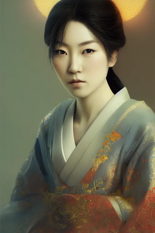 Image similar to Japanese princess, gorgeous, close-up portrait, intricate, elegant, volumetric lighting, scenery, digital painting, highly detailed, artstation, sharp focus, illustration, concept art, ruan jia, steve mccurry