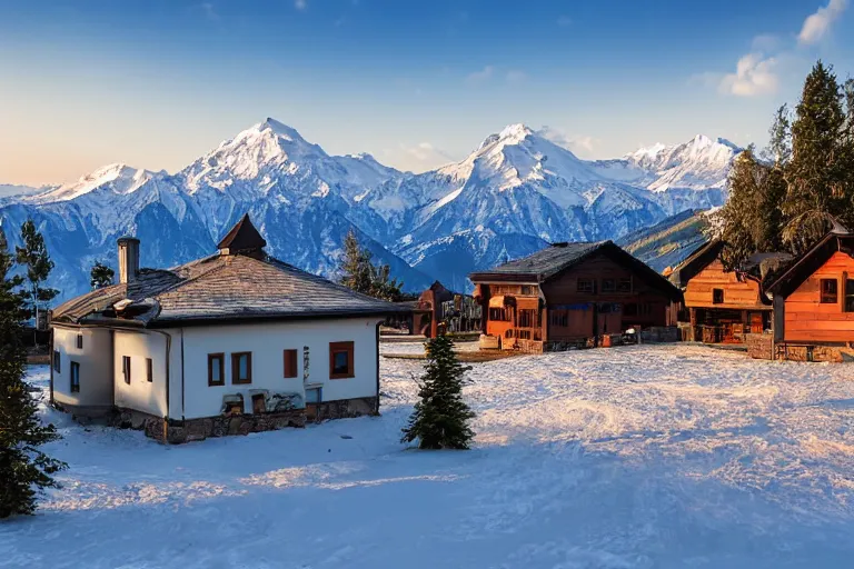 Image similar to architecture photo modern fachwerk house cottage settlement with Elbrus mountain on the background, architecture, photorealism 8k , high details