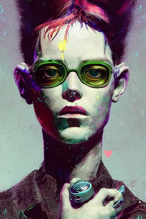 Image similar to an epic non - binary model, subject wearing a belt made out of computer mice, grungy, beautiful, intricate, muted tonal colors, with few neon green highlights, by jeremy mann and ilya kuvshinov, jamie hewlett and ayami kojima, trending on artstation, bold 3 d