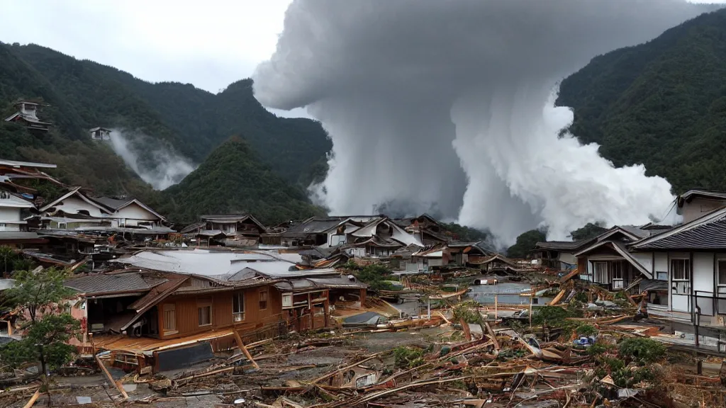 Prompt: tornado in a japanese village in the mountains