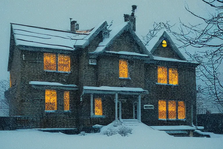 Prompt: cyberpunk, winter in the snow, Christmas lights, external view of a 5 bedroom detached cyberpunk house in the UK, by Beksinski