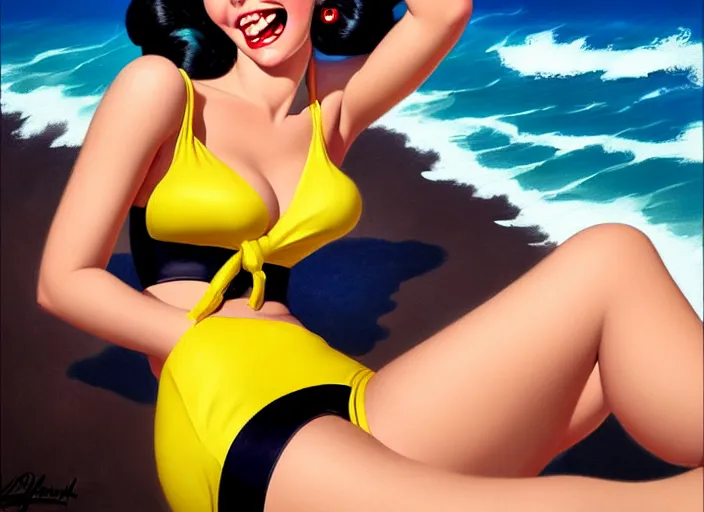 Image similar to the style of the artist gil elvgren, a girl with black hair, overwatch tracer, with a very beautiful symmetrical face, a smile on her face, tanned skin, in a yellow bikini, against the background of a sea beach, in art style, high detail, digital painting, hyperrealism