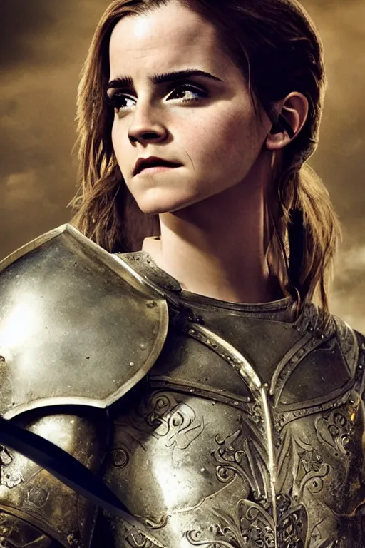 Image similar to Emma Watson as Joan of Arc for an upcoming movie directed by Ridley Scott, full suit of gilded plate armor, holding a sword, detailed face, good lighting, promo shoot, studio lighting