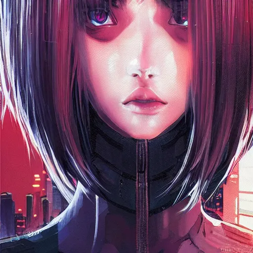 Image similar to concept art character, very high angle view, book cover, very attractive woman with full lips, slender figure, walking in cyberpunk valley highly realistic, fine details, Anime, realistic shaded lighting by Ilya Kuvshinov katsuhiro otomo ghost-in-the-shell, magali villeneuve, artgerm, rutkowski, WLOP Jeremy Lipkin and Giuseppe Dangelico Pino, borderlands 3 style, Michael Garmash and Rob Rey book cover, extremely fine inking lines