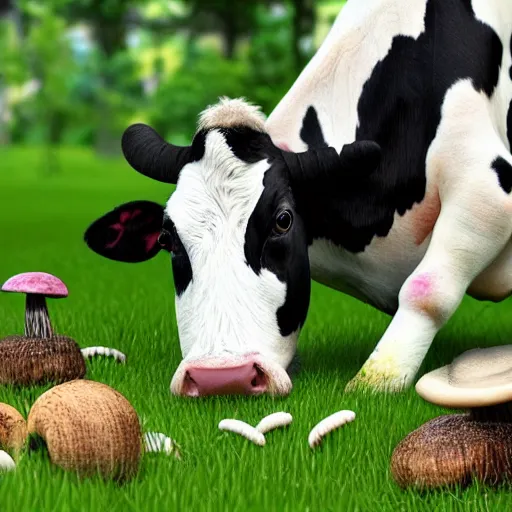 Image similar to accurate photorealistic cow and a bunch of mushrooms growing on the ground, 8 k resolution