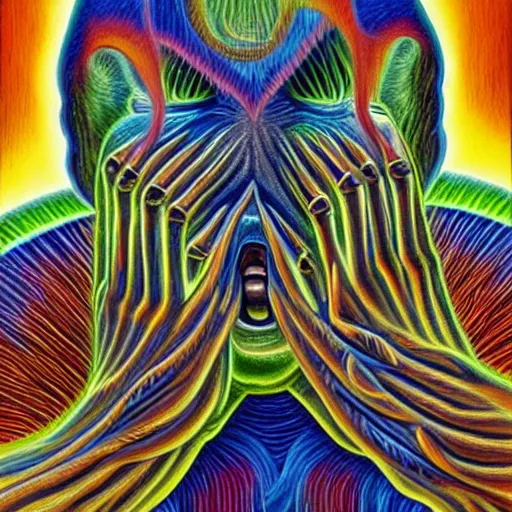 Image similar to Alex grey painting of someone sneezing