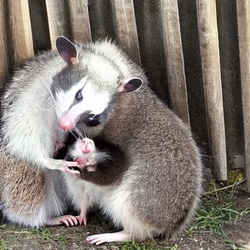 Image similar to An opossum and an american Raccoon hugging, cute photograph