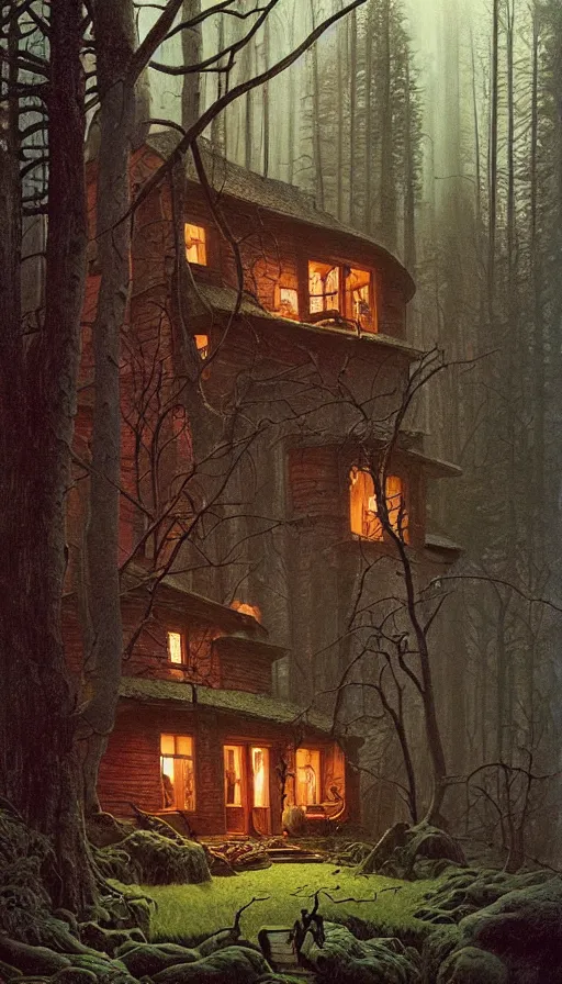 Image similar to cozy home in the woods moody lighting, highly detailed, painting by zdzisław beksinski and norman rockwell and greg rutkowskiweta studio, and lucasfilm