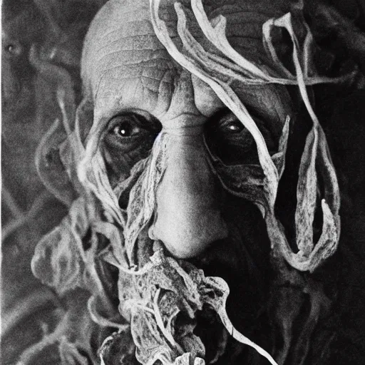 Image similar to photographic portrait of wrinkly sad max ernst dried melting floral fungus with spiraling cigarette smoke, in fog, medium long shot