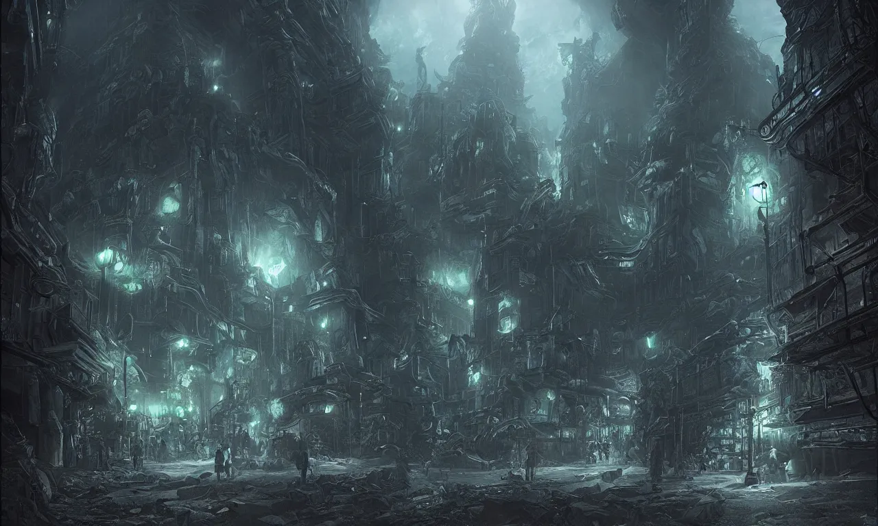 Image similar to a cinematic view of the eldritch subterranean city of r'lyeh. art by xin xiang and james paick, hyperrealism, spooky, dramatic lighting