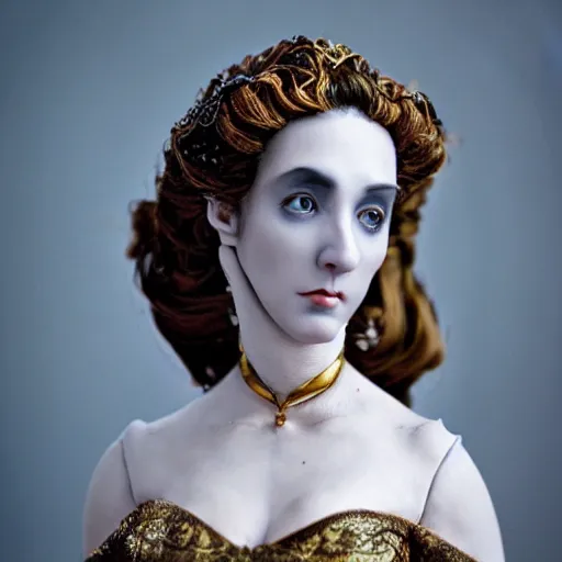Image similar to photo taken of an epic intricate, ultra detailed, super realistic bust of a majestic gracious regal beautiful aristocratic victorian female vampire stop motion puppet created by weta workshop, menacing, some zoomed in shots, photorealistic, sharp focus, white wall, extremely cold blueish colour temperature, 3 5 mm, f 1. 4, golden ratio