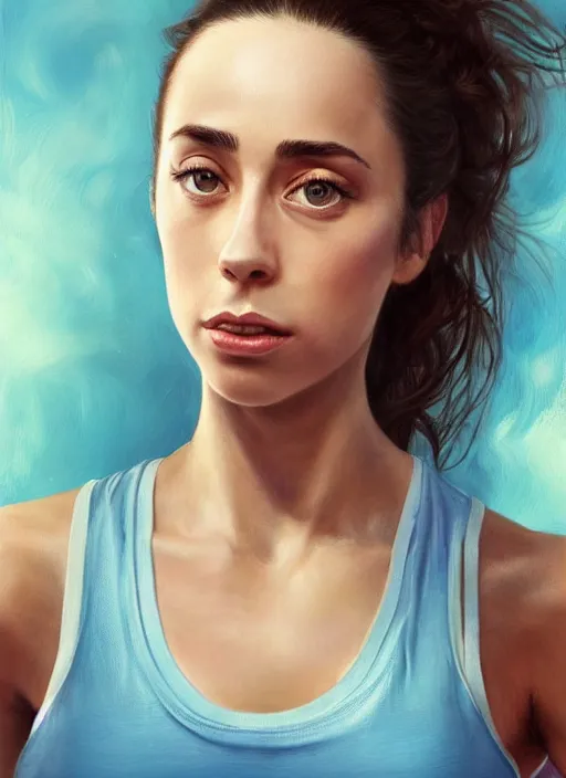 Prompt: full length photo of Oona Chaplin in a tanktop in the style of stefan kostic, light blue eyes, not realistic, sharp focus, 8k high definition, insanely detailed, intricate, elegant, art by stanley lau and artgerm