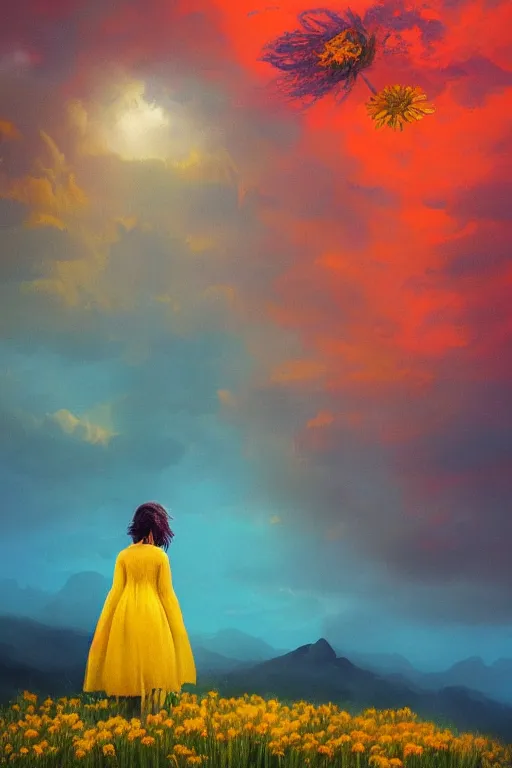 Image similar to closeup girl with huge yellow dahlia flower face, intricate, standing on mountain, surreal photography, blue storm clouds, dramatic light, impressionist painting, digital painting, artstation, simon stalenhag