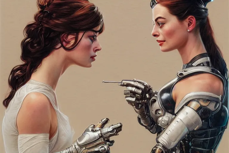 Prompt: Ultra realistic illustration, Margot Robbie and Anne Hathaway kissing a robot, cyberpunk, sci-fi, fantasy, intricate, elegant, highly detailed, digital painting, artstation, concept art, smooth, sharp focus, illustration, art by artgerm and greg rutkowski and alphonse mucha
