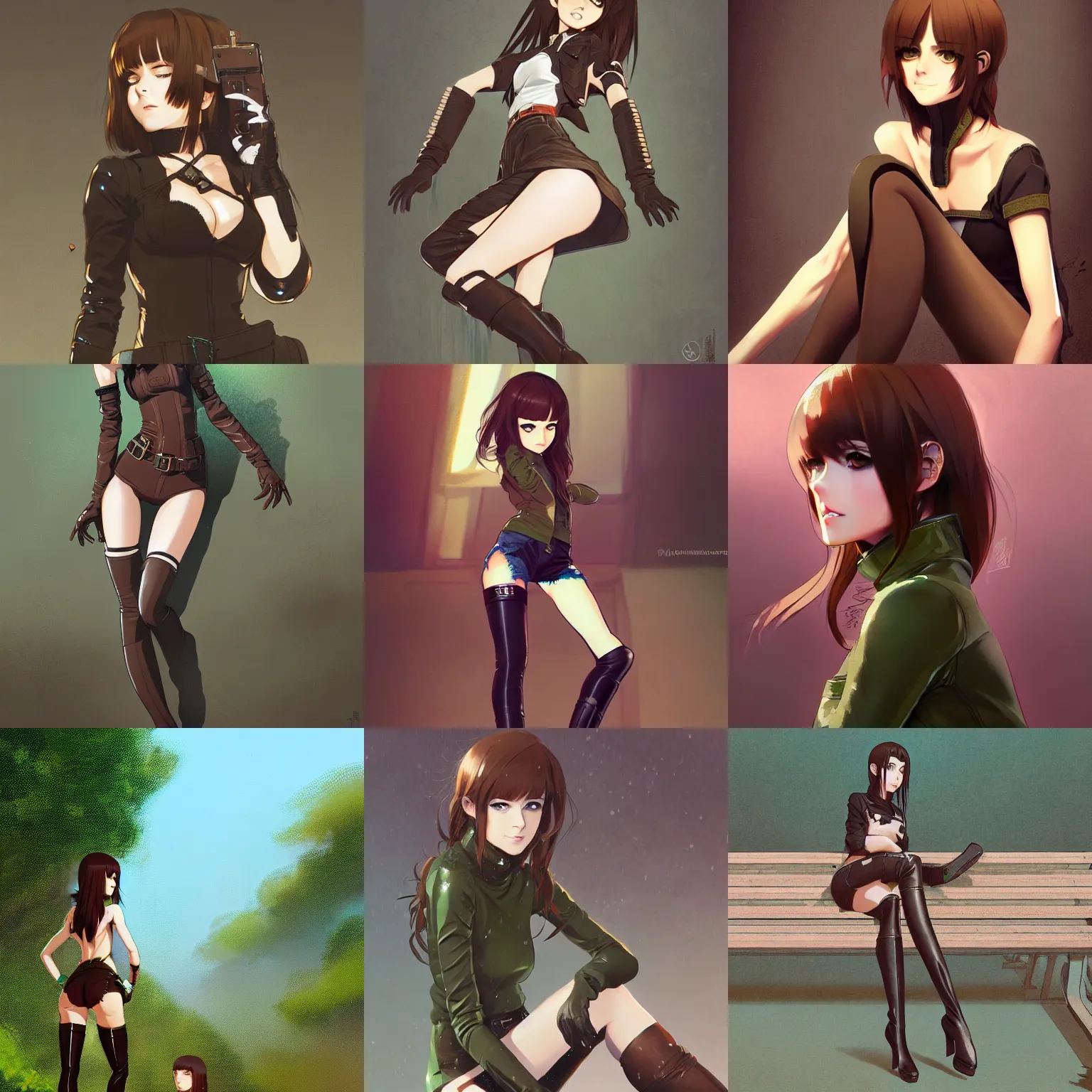 Prompt: sexy girl with brown hair and green eyes, wearing a knee - high boots, highly detailed, in the style of and ilya kuvshinov and greg rutkowski, high quality anime artstyle, intricate