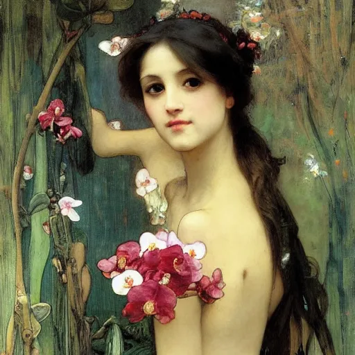 Image similar to art nouveou style painting of Phalaenopsis orchids, high detail by francis mucha, John William Waterhouse, William-Adolphe Bouguereau