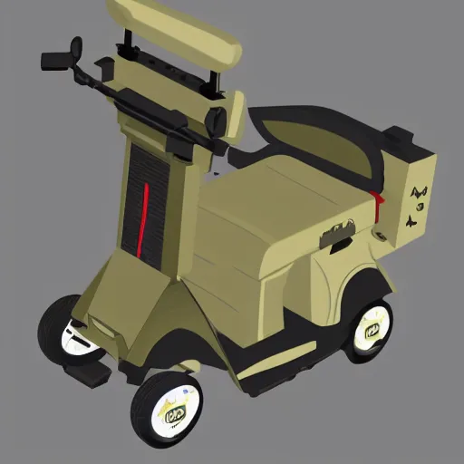 Prompt: military diagram of a mobility scooter with a mounted machine gun