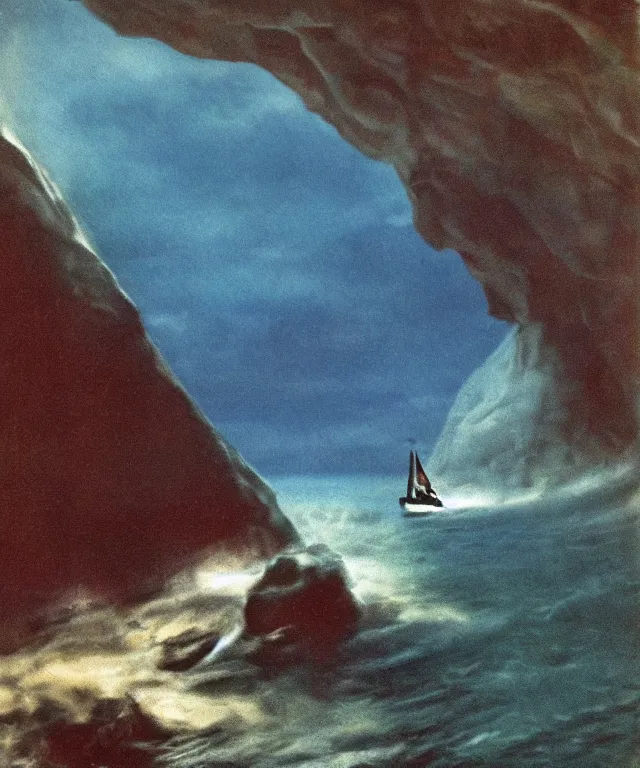 Prompt: ultra realistic color photo of a 1 9 2 5 seiner sailing with the jamaican shoreline with the mouth of a sea cave at the waterline, dark, painted, brooding, atmospheric, seascape, lovecraft, horror, smooth, epic, highly detailed, cinematic, annie lebowitz