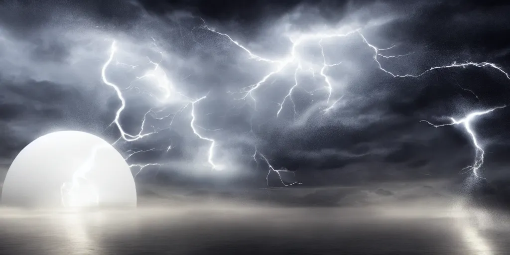Prompt: several white perfect spheres with biological patterns hovering above a tumultuous sea, dramatic, lightning, tornado, digital art, dramatic light, 8k, artstation