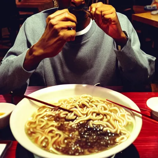 Image similar to Snoop Dog eating ramen in a restaurant