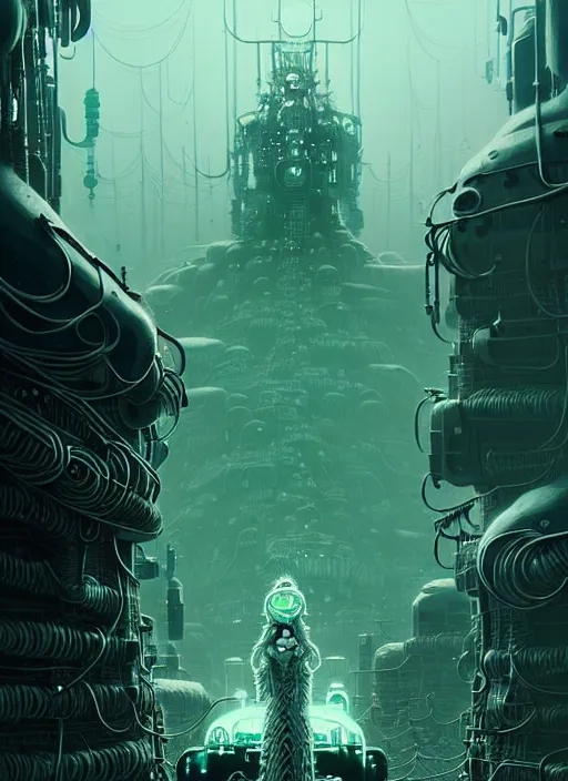 Image similar to highly detailed portrait of a frostpunk long curly white hair tribal lady, stray wiring by atey ghailan, james gilleard, by joe fenton, by greg rutkowski, by greg tocchini, by kaethe butcher, 4 k resolution, gradient green, black and white color scheme!!! ( ( green slime robotic dystopian city background ) )