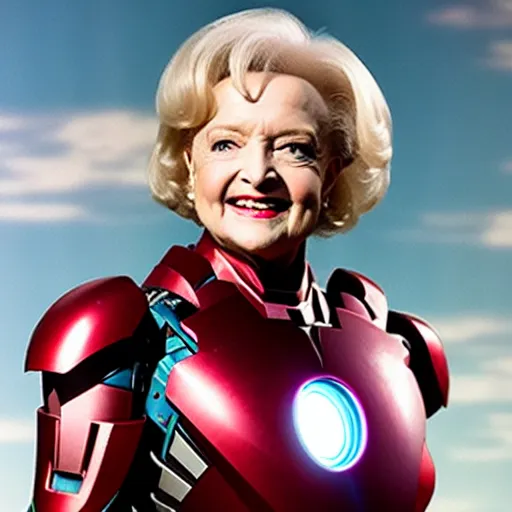 Image similar to promotional still of betty white as marvel's iron man [ film ], hero pose but shy, action, adventure, romance, imax 7 0 mm, 4 k