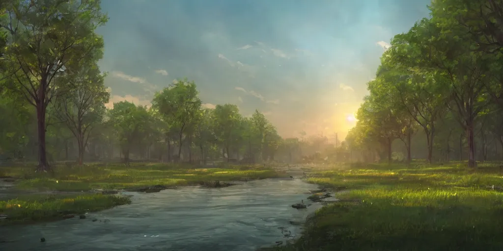 Prompt: a abandoned and ruined new york with trees and grass on the streets and small rivers crossing the streets at sunrise, concept art, trending on deviantart, highly detailed, high quality, 8 k, serene landscape, high quality, highly detailed, ghibli studio, anime style, pixar style, digital art, digital painting, masterpiece, soft lighting, path traced, soft colors