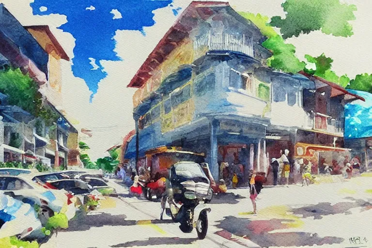 Image similar to !! watercolor!! penang road in a sunny day, artwork by tooth wu, colorful contrast, dark shadow, thick lineart