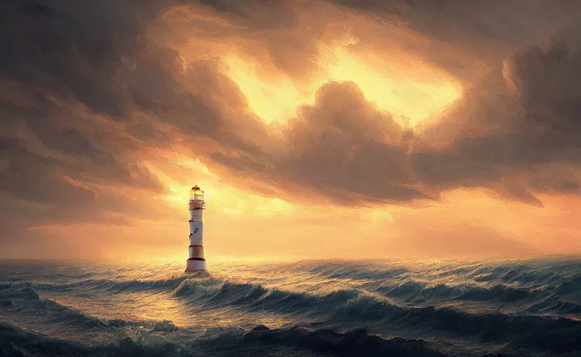 Prompt: painting of a lighthouse at sunset in a storm, natural light, concept art, by greg rutkowski, cozy atmospheric and cinematic lighting