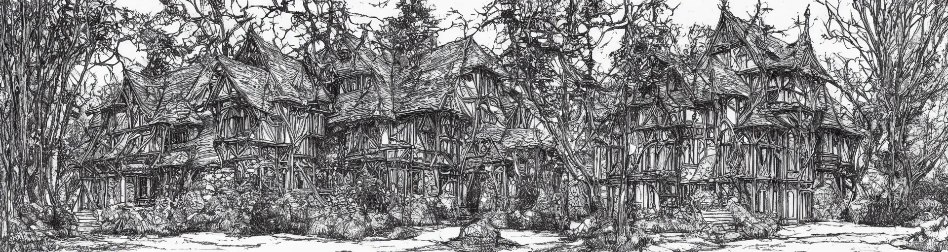 Prompt: a beautiful Tudor style house in the woods, a pen and ink drawing by Franklin Booth, fineliner drawing