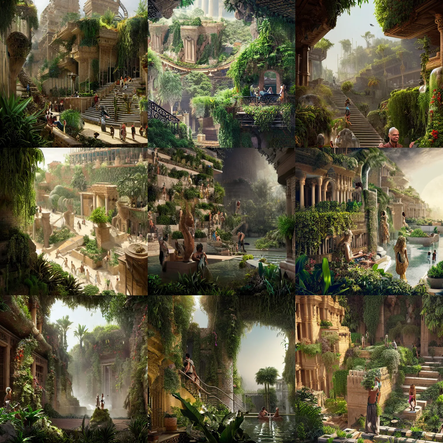 Prompt: some people enjoying the hanging gardens in ancient babylon. hyper detailed, dramatic lighting, cgsociety, realistic, hyper detailed, insane details, intricate, dramatic lighting, hypermaximalist, golden ratio, rule of thirds, octane render, weta digital, micro details, ultra wide angle, artstation trending, 8 k,