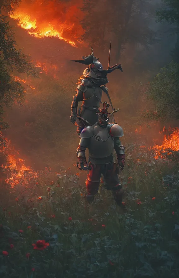 Image similar to a knight among flowers in dark forest surrounded by fire and smoke, moody, rim light, dynamic lighting, cinematic shot, gritty, ultra - detail, renderman, physically based render, greg olsen and liz lemon swindle