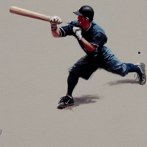 Image similar to baseball player hitting the ball with the baseball bat in the middle of the game and in front of everyone in the stadium, james gurney painting style, greg rutkowski, artstation