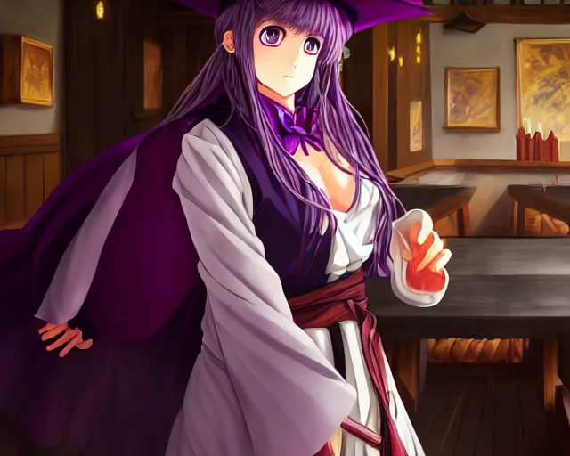 Prompt: key anime visual portrait of a young female witch purple feathered robe in a tavern interior, dynamic pose, dynamic perspective, cinematic, dramatic lighting, muted colors, fine detail, textured, big detailed eyes, anatomical proportions