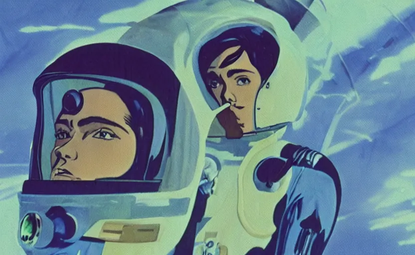 Image similar to a portrait of Alain Delon pilot in spacesuit posing on field forrest spaceship station landing laying lake artillery outer worlds shadows in FANTASTIC PLANET La planète sauvage animation by René Laloux