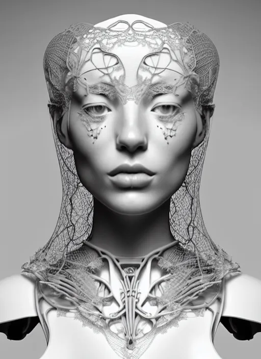 Image similar to complex 3d render ultra detailed of a beautiful porcelain profile young woman face, biomechanical cyborg, 150 mm lens, beautiful studio soft light, rim light, silver white gold details, magnolia big monochromatic lemon leaves and stems, roots, fine foliage lace, mesh wire, Alexander Mcqueen high fashion haute couture, art nouveau fashion embroidered, stteampunk, intricate details, hyper realistic, ultra detailed, mandelbrot fractal, anatomical, facial muscles, cable wires, microchip, elegant, octane render, H.R. Giger style, volumetric lighting, 8k post-production