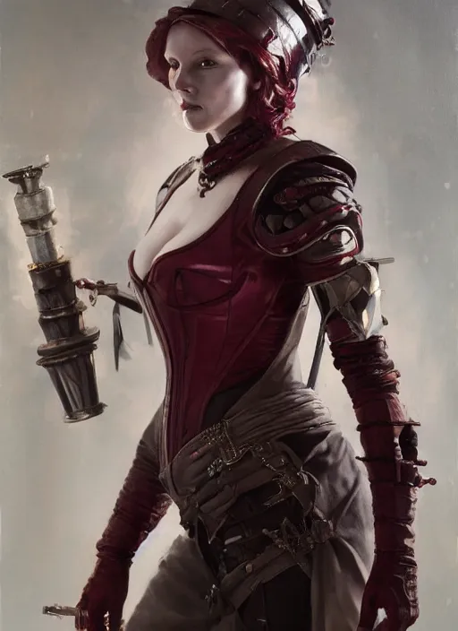 Prompt: portrait of medieval swedish woman wearing maroon power armor with steel corset. intricate painting by ross tran, magali villeneuve, and jeremy mann.