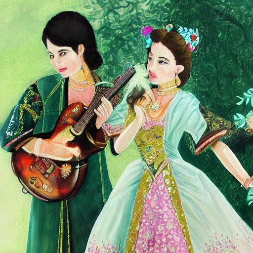 Prompt: a highly detailed painting. Beautiful radiant twin sisters and the musician Prince. Prince is green with jealousy. Cinematic Art.