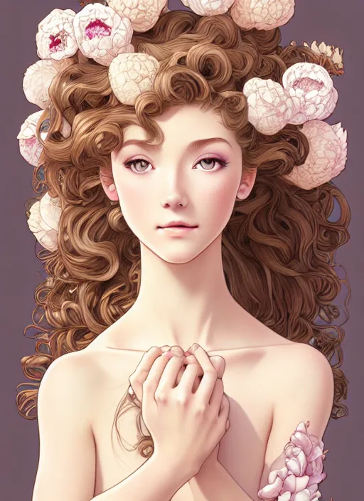 Image similar to young blond girl, goddess of pearls and peonies, with long curly, hazelnut hair, perfectly proportioned face, brown eyes, sweet smile, strong jawline,, natural lighting, path traced, highly detailed, high quality, cartoon, digital painting, by new haicheng and studio ghibli and alphonse mucha