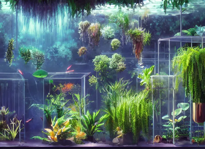 Prompt: clean neat clarity professional visual development set design, messy cozy store with hanging cages and bright aquariums, ferns and foliage, dim painterly lighting volumetric aquatics, impasto, trending on pixiv