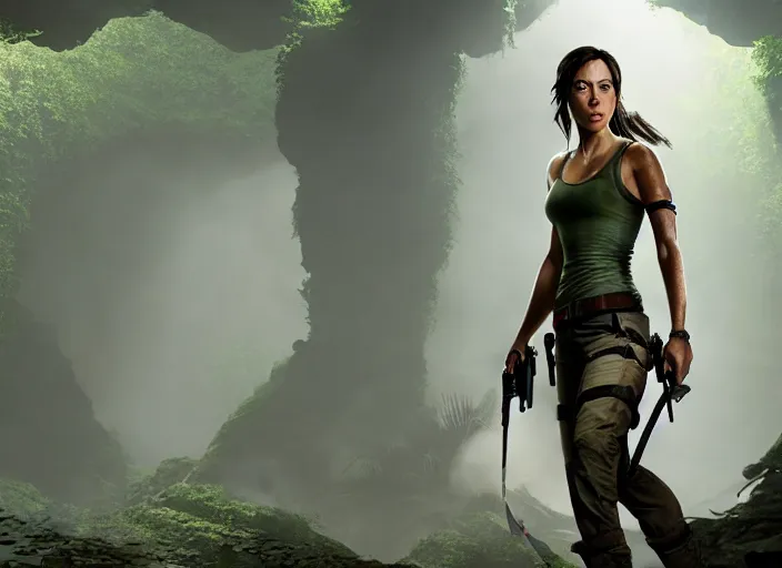 Image similar to film still of aubrey plaza as lara croft in new tomb raider movie, 8 k