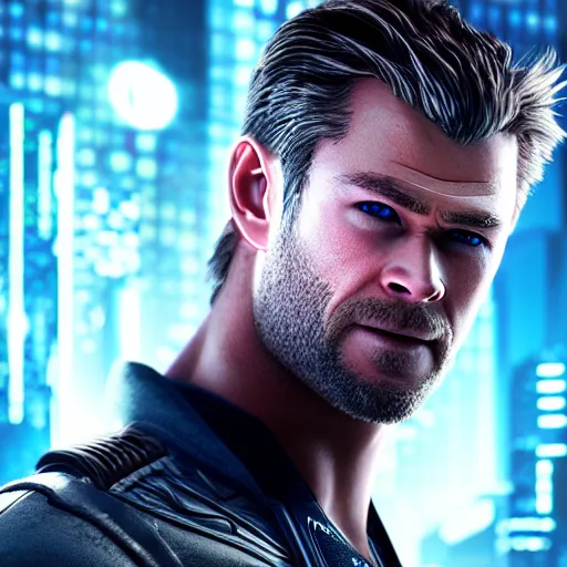 Image similar to chris hemsworth portrait, cyberpunk 2 0 7 7, cyberpunk, photorealistic, ultra detailed, neon, octane, bokeh, cinematic lighting, cyber, cyberpunk city, studio quality, feature, scars, cyberface, 8 k