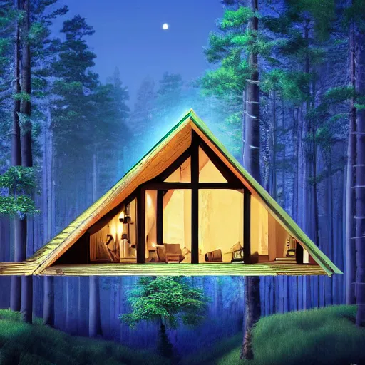 Prompt: a-frame cottage in clearing surrounded by trees, it is night, the windows are lit, concept art, aerial view, low fantasy