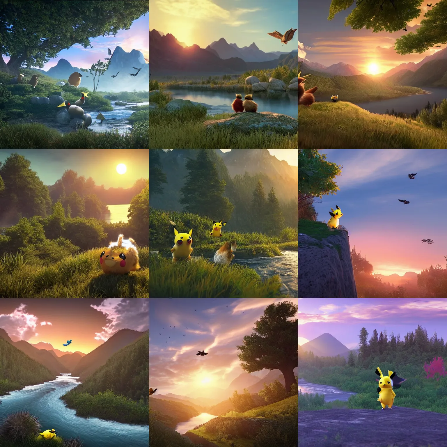 Prompt: A majestic landscape featuring a river, mountains and a forest. A group of birds is flying in the sky. There is an pikachu with a hedgehog standing next to him. They are both staring at the sunset. Cinematic, very beautiful, unreal engine