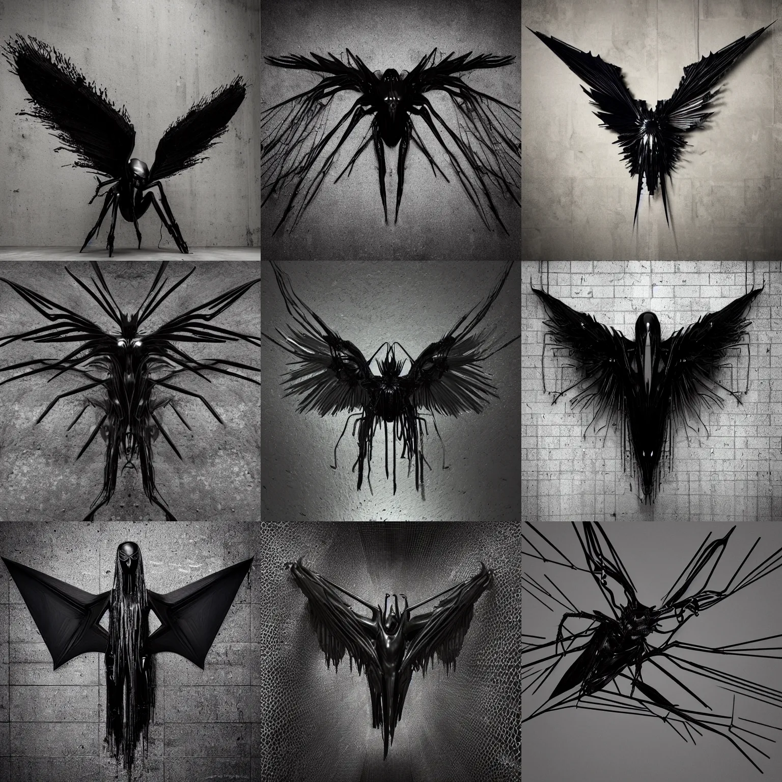 Prompt: “asymmetrical 3d black metal vaguely winged creature made of glossy black liquid latex and an iron armature, spidery irregular shapes, suspended from ceiling in abandoned tunnel, brutalist, 8k hyperrealistic, hyper-detailed, highly textured, dark volumetric lighting, fine details, muted, octane render, asymmetry” —w 1084