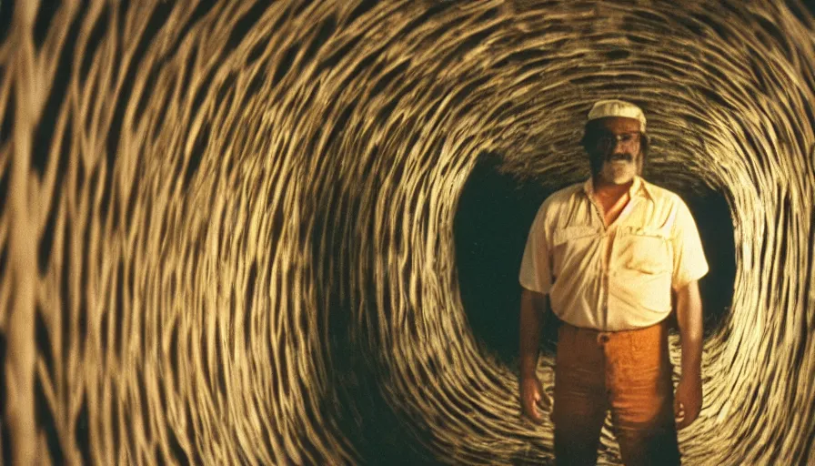 Image similar to 1 9 7 0 s movie still of a man in a barque in a moth tunnel, cinestill 8 0 0 t