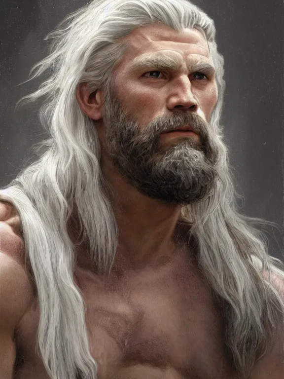 Image similar to painted portrait of rugged thor, god of thunder, norse god, white hair, masculine, mature, handsome, upper body, grey and silver, muscular, hairy torso, fantasy, intricate, muscular, elegant, highly detailed, digital painting, artstation, concept art, smooth, sharp focus, illustration, art by gaston bussiere and alphonse mucha