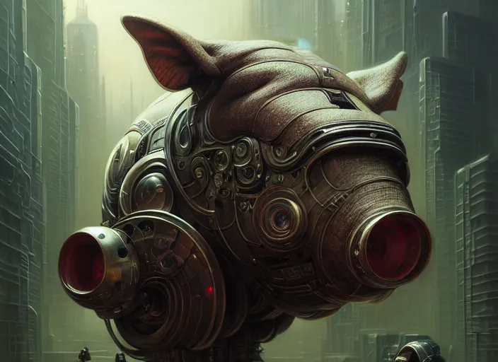 Image similar to portrait shot of a cyberpunk robot pig, intricate, elegant, highly detailed, centered, digital painting, artstation, concept art, smooth, sharp focus, illustration, artgerm, tomasz alen kopera, peter mohrbacher, donato giancola, joseph christian leyendecker, wlop, boris vallejo