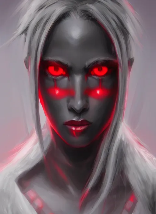 Image similar to portrait painting of a gray dark elf with red glowing eyes, artstation, nvidia, vray