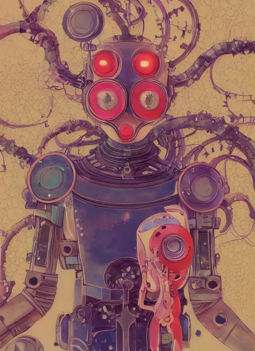 Prompt: an art nouveau kawaii gouache painting, by yoshitaka amano, by Victo Ngai, by shaun tan, by good smile company, detailed anime 3D render of an attractive male modular mechanical android, portrait, cgsociety, artstation, modular art nouveau mechanical costume and headpiece, futuristic setting bokeh depth of field